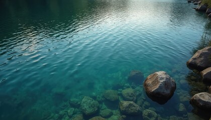 Leinwandbilder - Overhead view of calm, turquoise water with rocks at shore. Ripples create abstract pattern on lake surface. Clear water reveals stones under. Natural tranquil scene perfect for background or texture.
