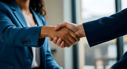 a close-up of a professional handshake between a male and female businessperson