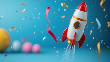 galaxy outer space party. colorful rocket launching amid festive confetti and balloons on a vibrant 