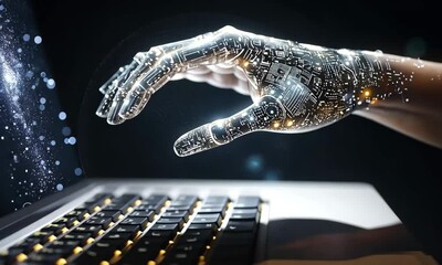 Poster - Glowing Digital Hand Interacting with Laptop Keyboard