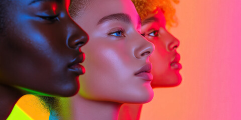 Poster - Profile Portraits of Three Women with Varied Skin Tones Under Neon Lighting