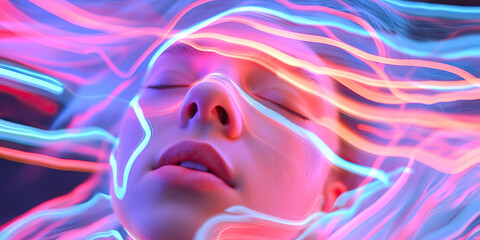 Poster - Human Face Overlaid with Pink and Blue Light Streaks