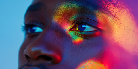 Poster - Close-up Portrait: Multicolored Light Projection on Face