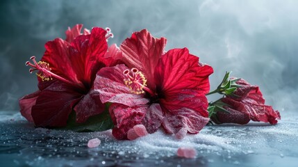 Poster - A close-up of vibrant red hibiscus flowers with a misty background and scattered sugar.