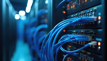 Aufkleber - Close-up of internet cables connected to switch in server room. Blue ethernet wires for quantum computer development, networking. Modern data center equipment, server array.