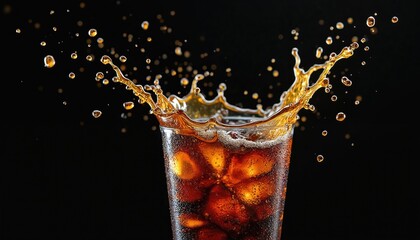 Poster - Illustration shows splash in glass with ice cubes on black background. Fizzy drink droplets fly in air, creating refreshing cool beverage mood. Perfect for summer refreshment ads.