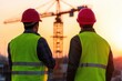 © Who is Santi - Two construction workers wearing reflective yellow vests and red helmets, standing in front of a partially constructed building at sunrise.