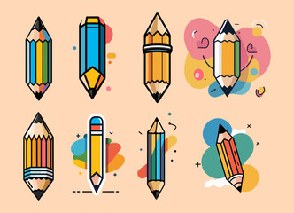 Poster - Icons sets collection of colorful stylized pencil illustrations with various designs and backgrounds, making it visually appealing and creative