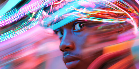 Poster - Portrait of a Person with Streaks of Multicolored Light