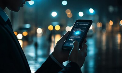Poster - Person Using Smartphone at Night in City