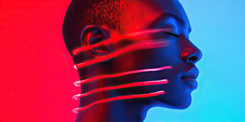 Poster - Profile Portrait with Red Light Streaks on Dark Skin