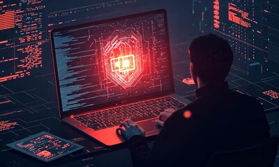Poster - Person Working on Laptop with Red Glowing Screen and Digital Data Streams