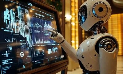 Poster - White Robot Interacting with Blue Data Graphs on a Screen in a Hotel Lobby