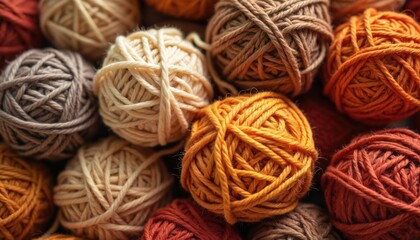 Aufkleber - Autumn color tone yarn balls web banner. Earthy colors wool threads craft texture, design background. Knitting hobby fiber material, string texture. Warm clothing handmade needle leisure create