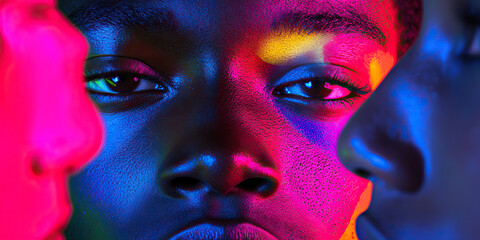 Poster - Close-up Portrait: Face with Neon Lighting and Partial Figures