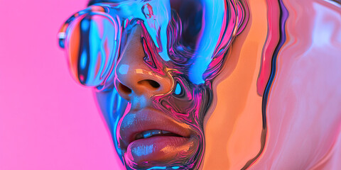 Poster - Abstract Portrait with Iridescent Glasses and Distorted Surface