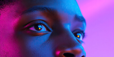 Poster - Close-up of a Person's Face with Blue and Pink Lighting