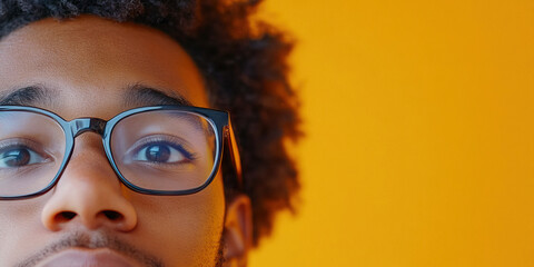 Wall Mural - Close-up of Young Man with Glasses Against Orange Background