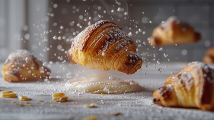 Poster - Croissants floating above a dusting of powdered sugar, creating a whimsical food scene.