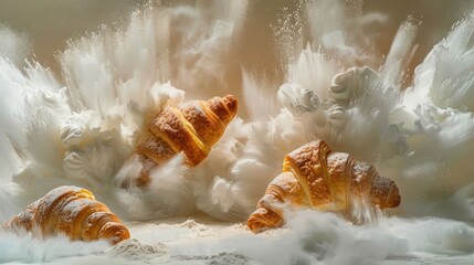 Poster - Croissants amidst a dramatic explosion of flour and foam, highlighting culinary artistry.