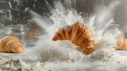 Poster - A croissant splashes into flour, creating a dynamic and artistic food scene.