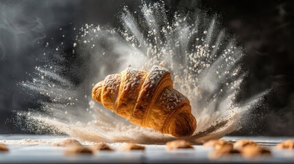 Poster - A croissant bursts through flour, creating a dramatic and artistic food photography moment.