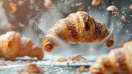 Poster - A levitating croissant surrounded by a sprinkle of flour and crumbs, showcasing its flaky texture.