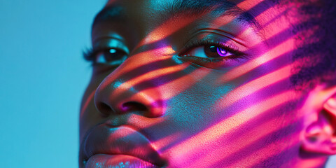 Poster - Close-up Portrait: Face with Pink and Teal Lighting