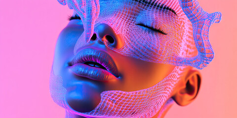 Poster - woman's face with translucent mesh overlay under neon lighting