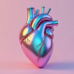 Aufkleber - Chrome human heart in holographic liquid style. Glossy pastel iridescent beating organ on pink background. Futuristic metallic foil anatomical shape for cardiology biology medicine concepts.