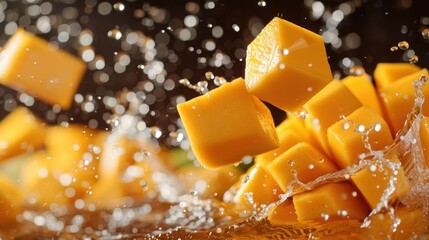 Poster - Cubes of cheese splashing into liquid, creating a dynamic and appetizing scene.