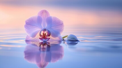 Aufkleber - A serene orchid floats on calm water, reflecting soft pastel colors in a tranquil setting.