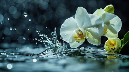 Poster - A close-up of white orchids with water droplets, creating a serene and elegant atmosphere.
