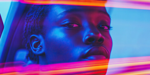 Poster - Portrait of a Woman with Neon Light Streaks