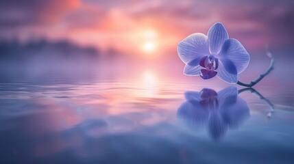 Poster - A serene orchid reflects on calm waters at sunset, creating a tranquil atmosphere.