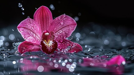 Poster - A vibrant pink orchid floating in water, surrounded by droplets and a dark background.