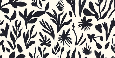 Black and white, hand-drawn floral tropical leaves on a cream background seamless pattern