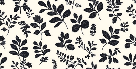 Black and white, hand-drawn floral tropical leaves on a cream background seamless pattern