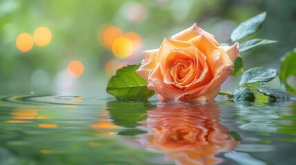 Poster - A delicate orange rose floating on water, reflecting its beauty amidst a serene background.
