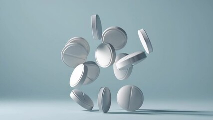 Poster - White pills gracefully descending in slow motion against a soft blue background, illustrating concepts of healthcare, medicine, or pharmaceuticals
