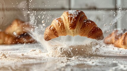 Poster - A croissant is airborne, surrounded by a cloud of flour, showcasing a playful baking moment.