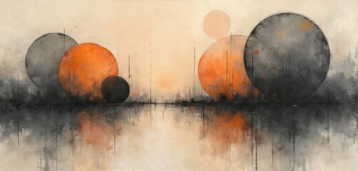 Aufkleber - Vintage charcoal painting with blending delicate hues in circular formations. Round shapes reflected in water mirror. Grey, orange colors palette. Use as abstract background wallpaper, modern art