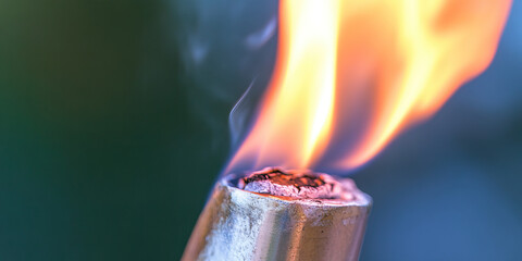 Wall Mural - Close-up of a Lit Metal Torch with Flame and Smoke