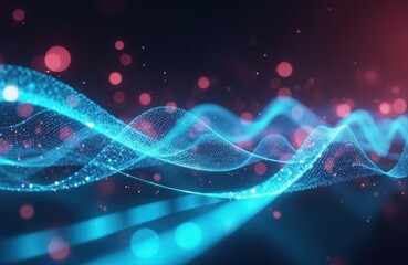 Poster - Abstract futuristic background with pink, blue neon glowing moving high speed wave lines, bokeh lights. Data transfer concept. Fantastic wallpaper with streaming electronic future, fantasy