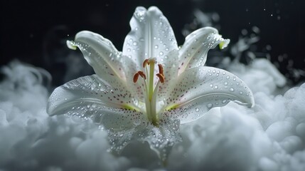 Aufkleber - A close-up of a white lily with droplets, set against a misty background.