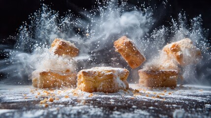 Poster - Battered pastries exploding with flour in a dynamic, high-energy food photography shot.