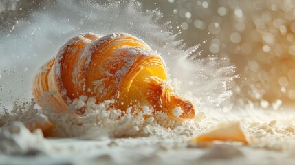 Poster - A croissant surrounded by flour, creating a dynamic and appetizing scene.