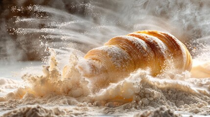 Poster - A croissant surrounded by flour, creating a dynamic and artistic food scene.