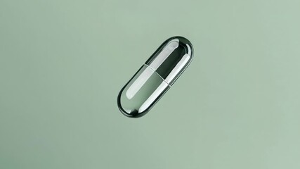 Poster - Slow motion footage of a single transparent capsule gracefully falling against a green backdrop, showcasing pharmaceutical and health concepts with elegance