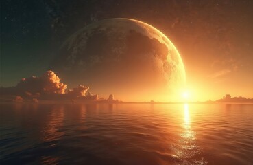 Aufkleber - Alien planet sunrise illustration. Globe hovers over calm water with clouds reflecting golden sunshine. Stars, dark night sky background in ball-shaped spherical panorama. Fantasy three-dimensional